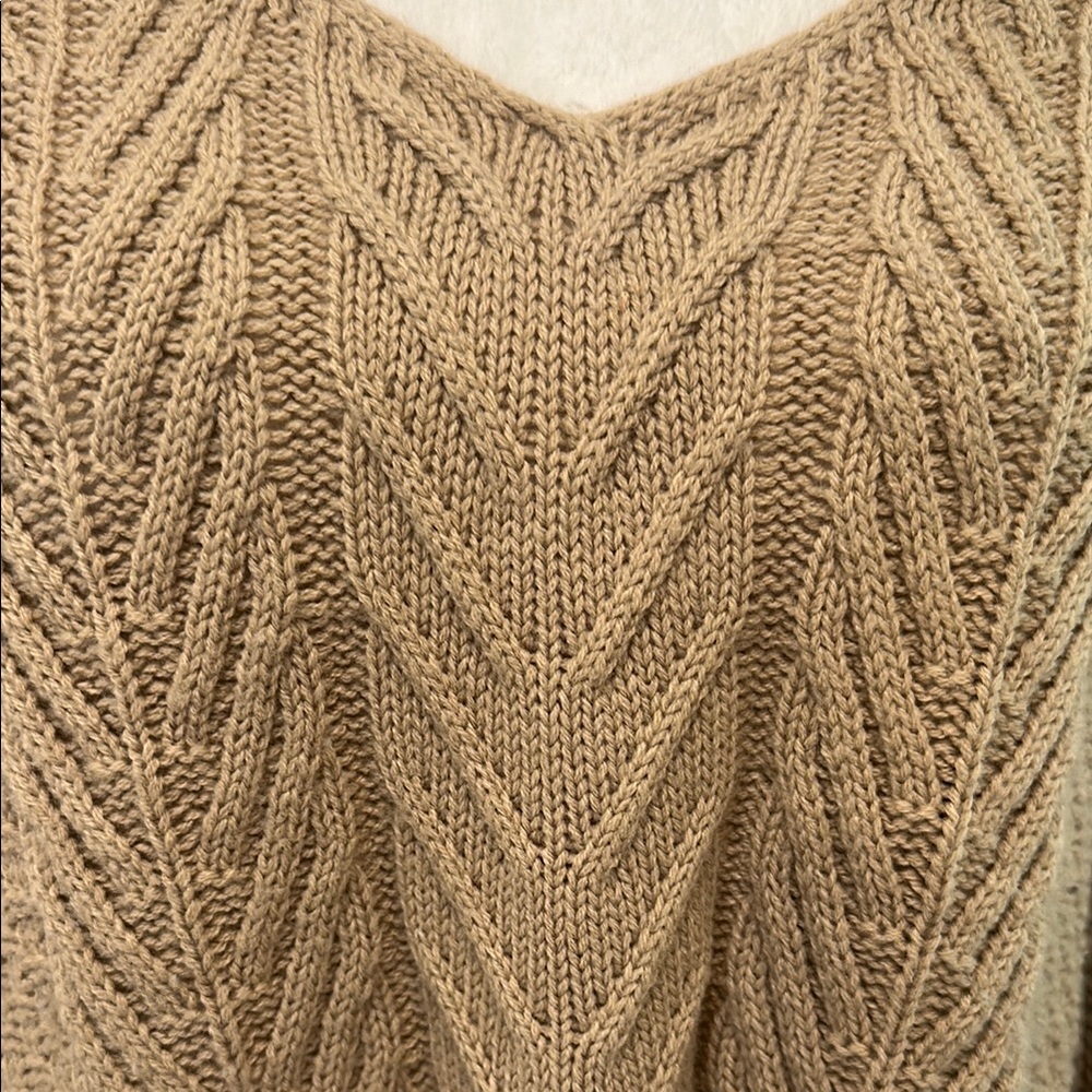 Elegant V-Neck Cable Knit Sweater in Tan - Picture 3 of 13